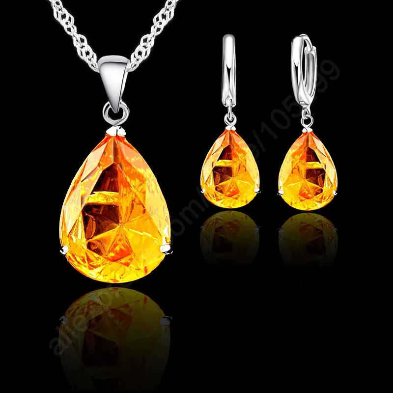 AAA Grade Rhinestone Water Drop Earring Necklace Jewelry Sets 925 Sterling Silver Pendant Necklace Earring Set
