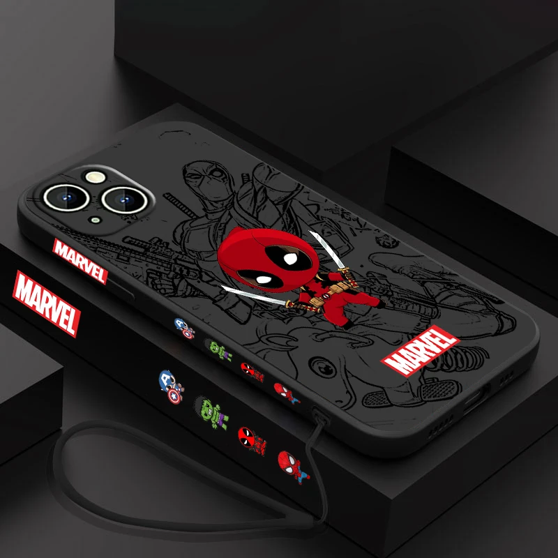 Villain Hero Deadpool Marvel Phone Case For Apple iPhone 15 14 13 12 11 Pro Max Plus 8 7 SE Liquid Left Rope Capa Cover