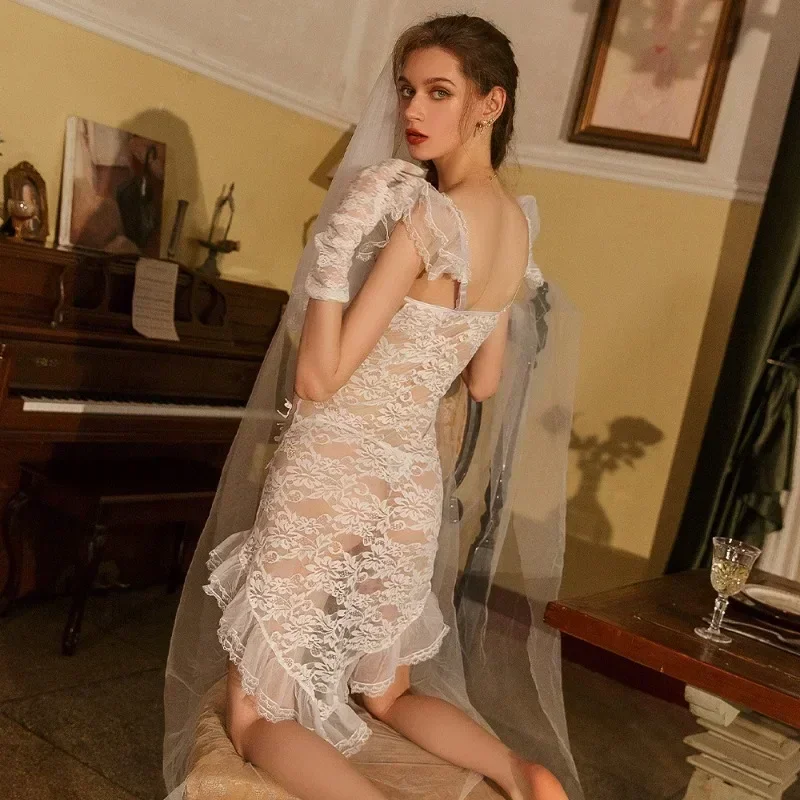 Sexy Underwear Dress Sleeping Dress Temptation Sexy Role Playing Thin Lace Perspective Mesh Long Dress Princess Wedding Lenceria