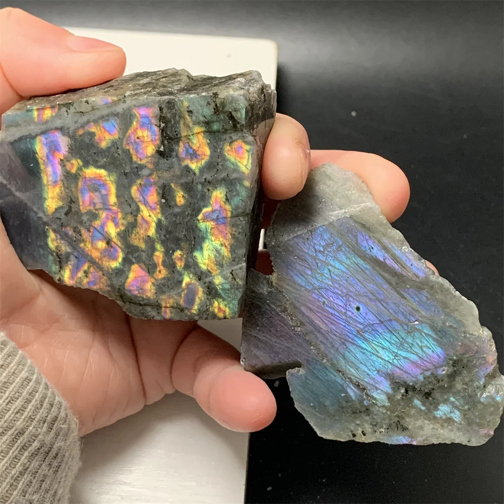 1SET 2PCS Natural Bright Golden Yellow Light Labradorite Ornament Raw Back Sliced Purple Blue Orange Light Labradorite Specimens