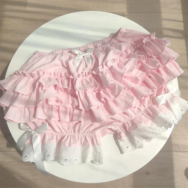 Pink Pleated panties woman pumpkin cute panties bow knot lolita safety shorts vintage pants victorian bloomers view 6
