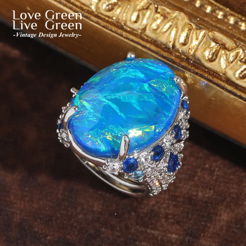 

Vintage Blue Opal Rings For Woman Rhinestone Accessories Adjustable Luxury Jewelry Designer Gifts Trends 2025 Thanksgiving Party