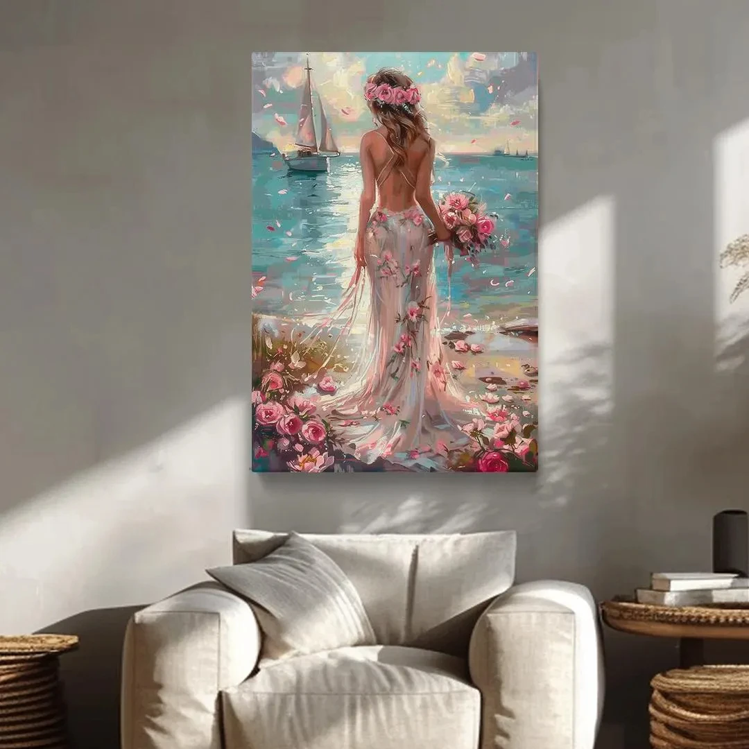 Woman on Beach Canvas Print, Romantic Ocean Sunset Woman Indoor Posters Wall Art, Floral Painting for Bedroom or Gift for Her, N