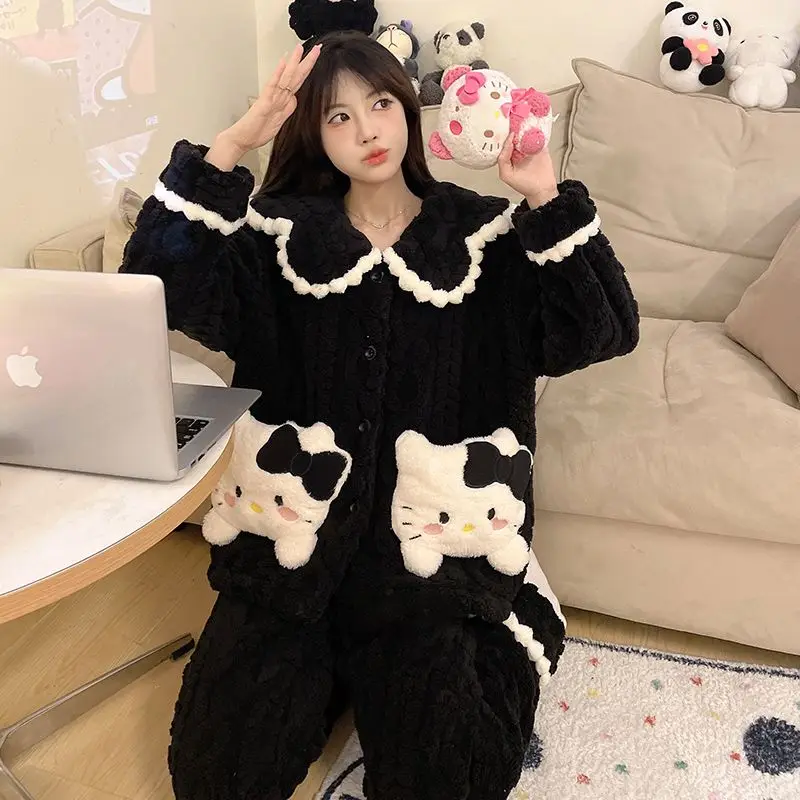 Hot Sanrio Hellokitty Pajamas Cotton Coat Sweet Girl Autumn Winter Thickened Thermal Clothing Tops Casual Clothing Home Clothing