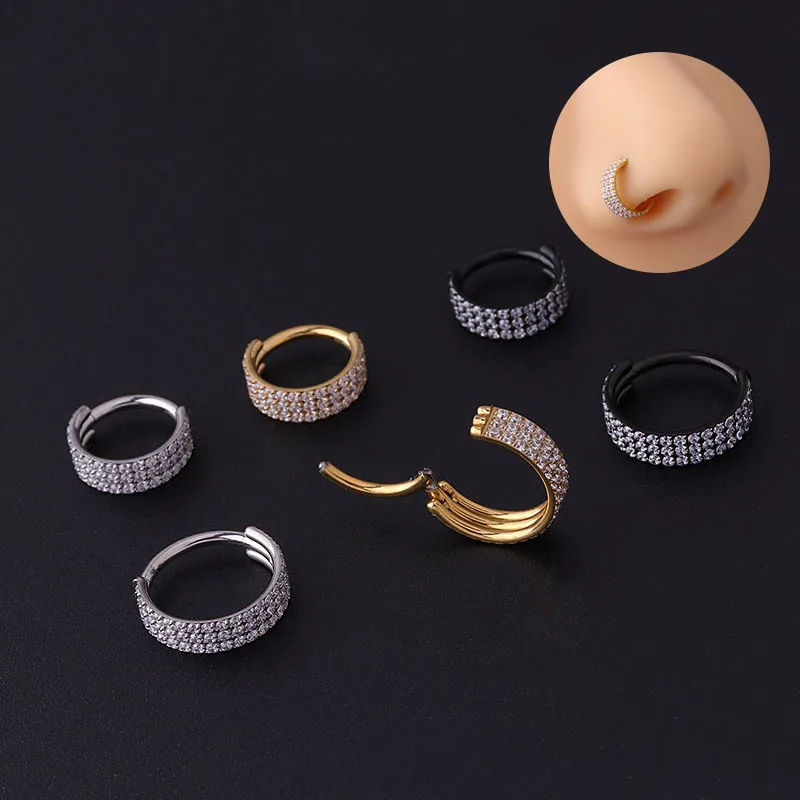 

1PC ASTM F136 G23 Titanium Piercing Nose Ring Septum Hinged Segment Clicker Conch Earring 3 Row CZ Cartilage Titanium Jewelry