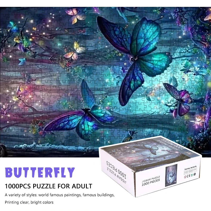 70cm*50cm 1000Pcs Jigsaw Puzzle Dreamy Butterfly Adult Stress Relief Beautiful Landscape Painting Puzzle Home Wall Decor