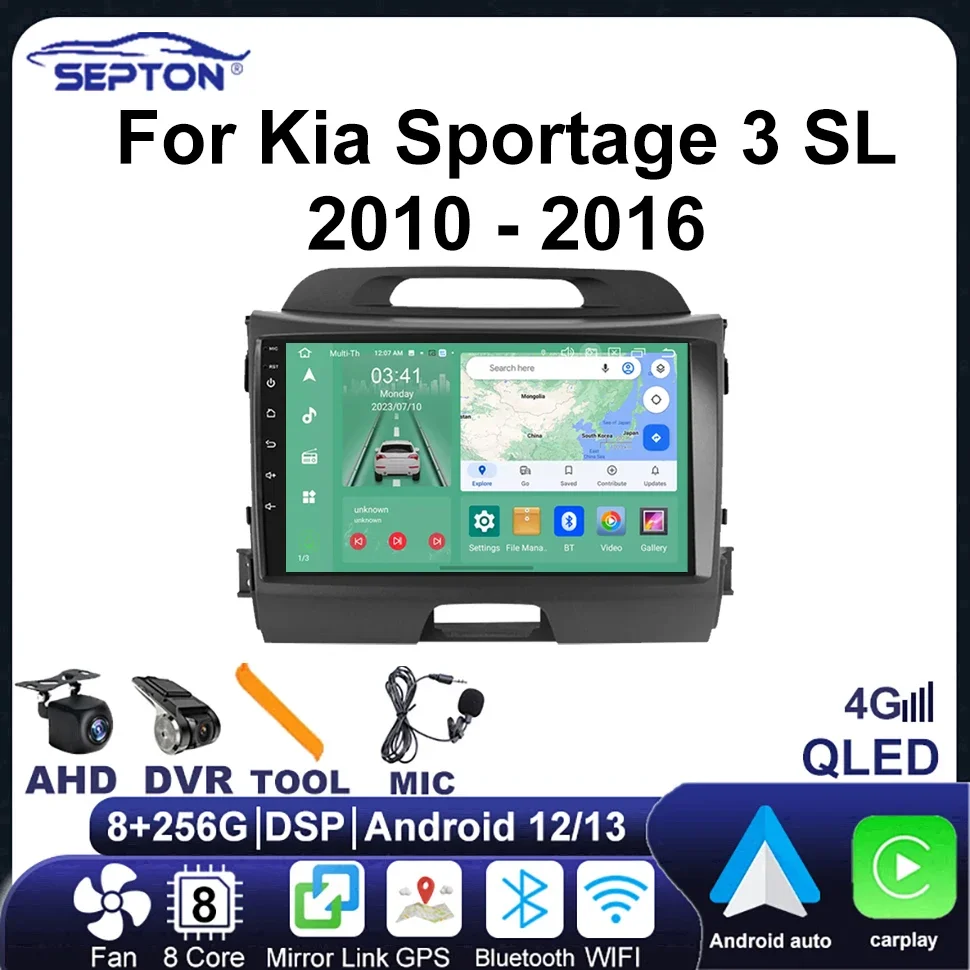 

SEPTON Car Radio Android 12 Multimedia Player Autoradio CarPlay for Kia Sportage 3 SL 2010 - 2016 Navi GPS 2Din HeadUnit 8core