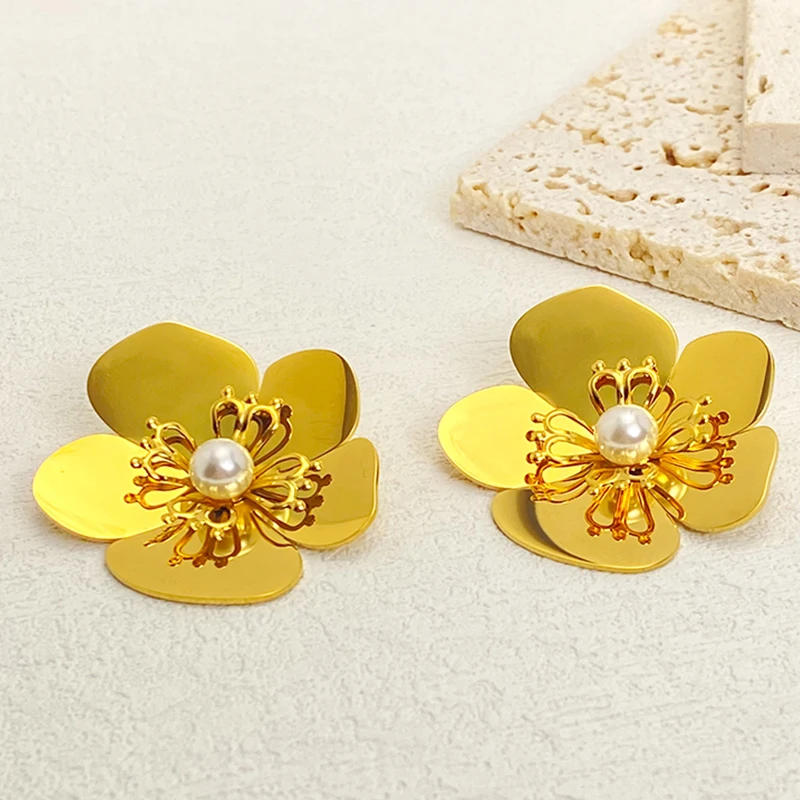 PRISCA | Big Metal Flower Earrings for Women.and Girl. Stainless Steel. Party Charms Jewelry. Fashion 2024