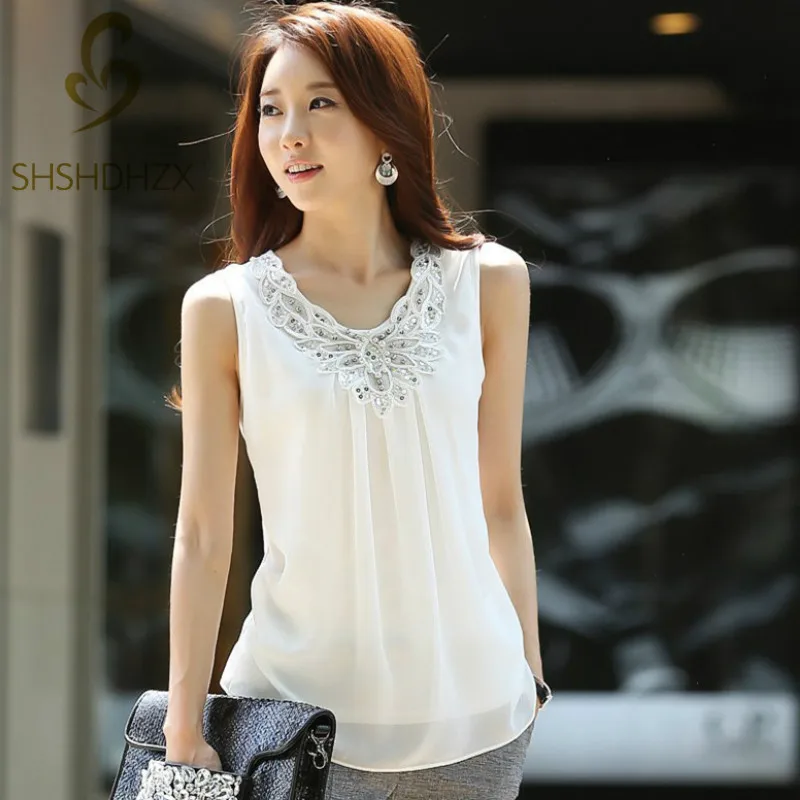 New Women Sleeveless Chiffon Blouse Casual Lace Crochet Stitching White Shirt Office Plus size S-6XL