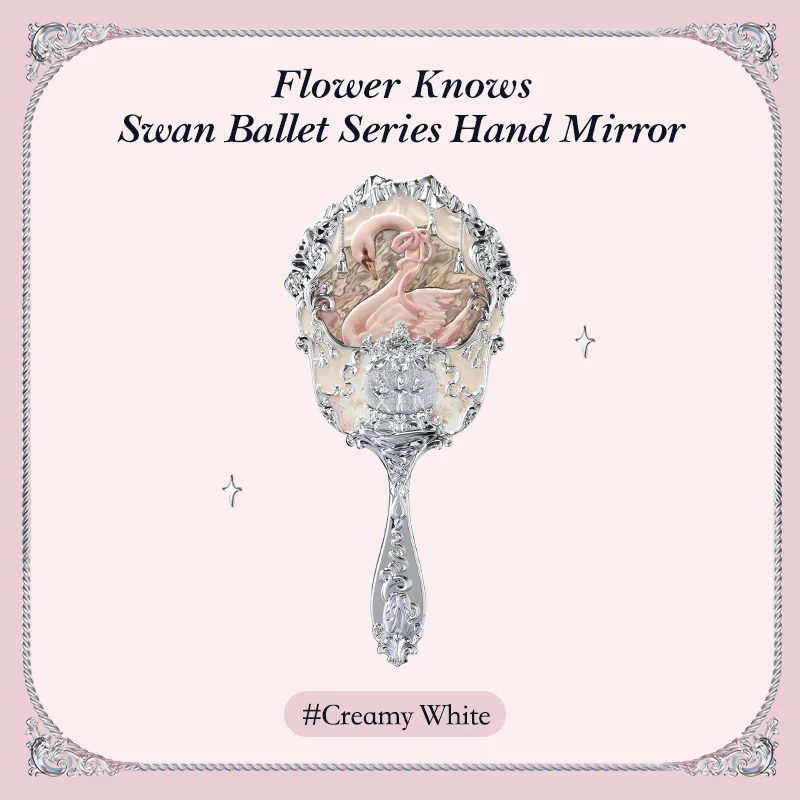 Flower Knows Swan Ballet Series Miroir de maintien à la main 3 types d'outils de maquillage en relief exquis Miroir de maquillage HD pour dames bleu rose