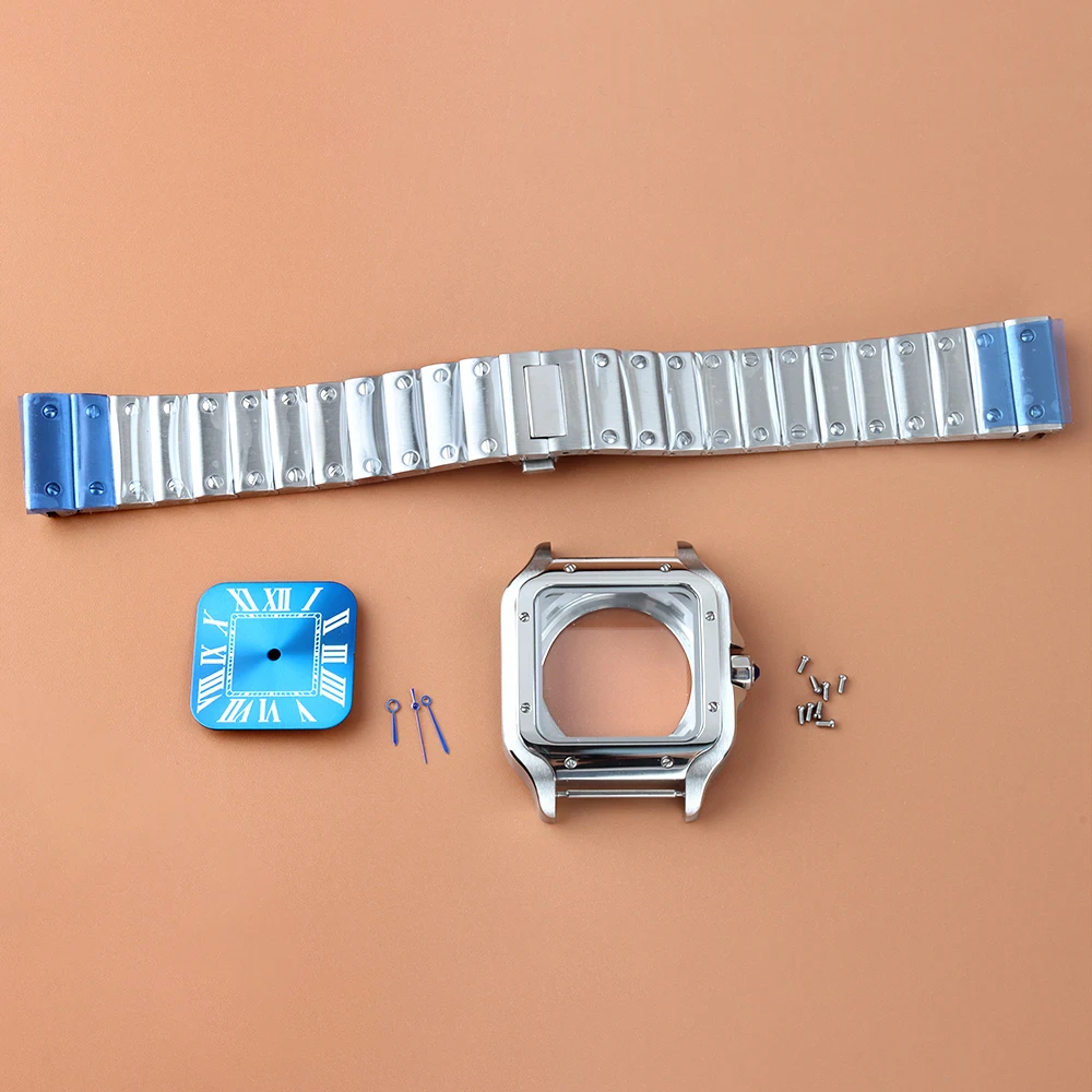 

Silvery NH35 38mm Square Watch Case Stainless Steel Bracelet 27mm Dial Hands No Luminous For Santos NH35 NH36 NH38 Movement