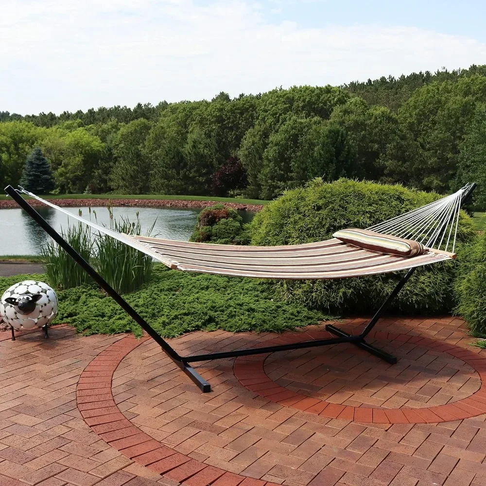 Double Quilted Fabric Hammock with 12-Foot Stand and Pillow - 350-Pound Capacity - Black Stand - Sandy Beach