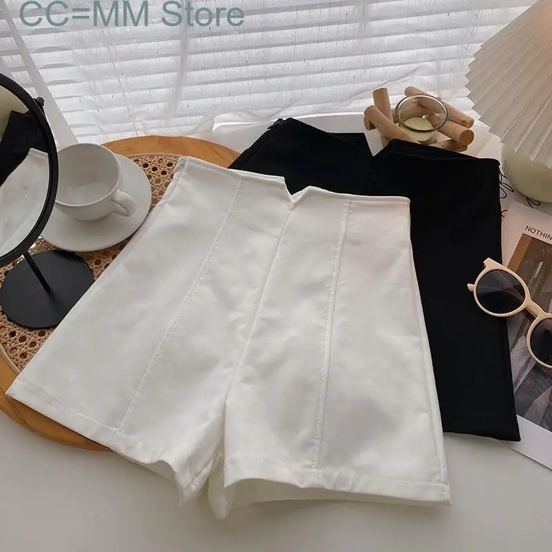 Pantalones cortos blancos y negros para mujer, Shorts informales de cintura alta a la moda coreana, de pierna ancha para oficina, novedad de verano