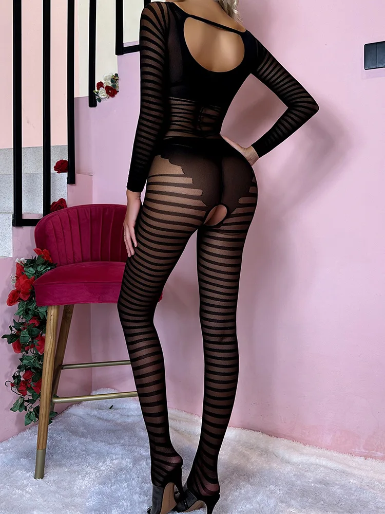 Women Sexy  Erotic Bodystocking Jumpsuit Striped Jacquard Garter Open Crotch Backless See-through Temptation Mesh Lingerie