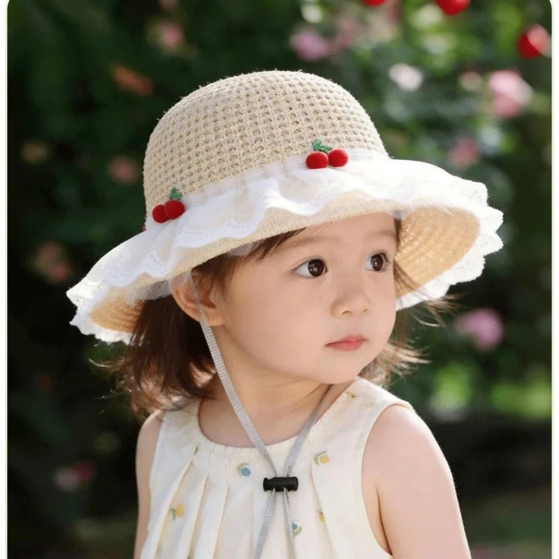 

2026 Summer Bathing 10M-6Y Baby Girl Caps Outdoor Sunscreen children Sun Hat Wide Brim Caps Cherry Kids Accessory