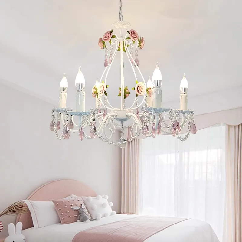 Romantic Rose Crystal Chandeliers Princess Room Girl Bedroom Decor Lamp Nordic Pastoral Style Children's Room Crystal Chandelier