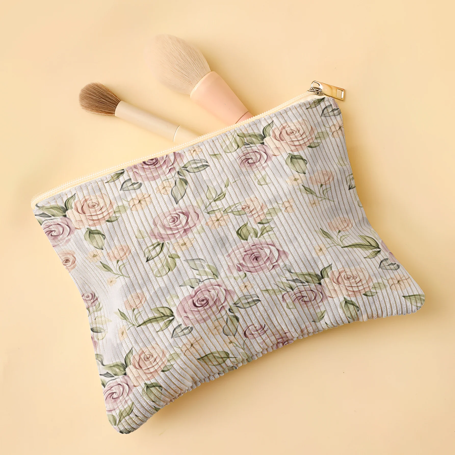 Corduroy Makeup Bag Light Pink Rose Print with Smooth Zipper Closure Corduroy Texture Lipstick Storage Fits for Vanity Clutter