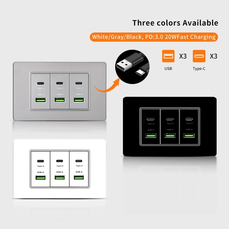 118*73mm Quick Charge electrical Outlet，Korea Chile standard 20W Super Fast smart Charge Type C USB Port Power Wall Socket Plug