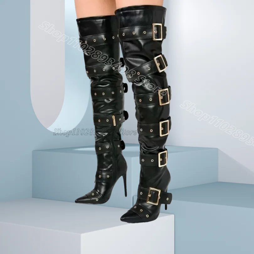 

Black Buckle Decor Over Boots Pointed Toe Stiletto British Style Spring Women Party Dress Over Knee Boots Zapatos Para Mujere