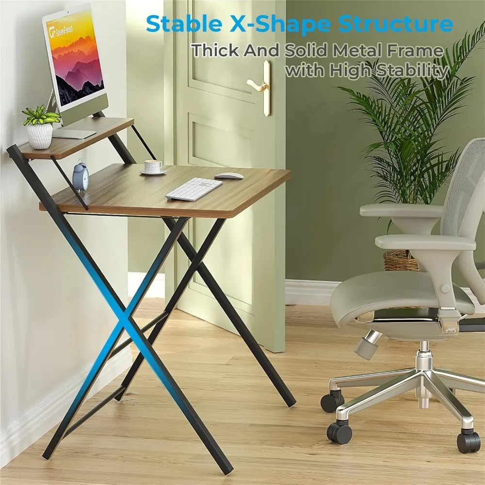 Folding Desk No Assembly Required Small Size, 2-Tier Foldable Computer Desk with Shelf for Home Office, Space Saving Portable