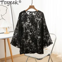 Tcyeek 100% Mulberry Silk T-shirt 2024 Elegant Women's T-shirts Summer Womens Tops Sunscreen Clothes Embroidery Рубашка Женская