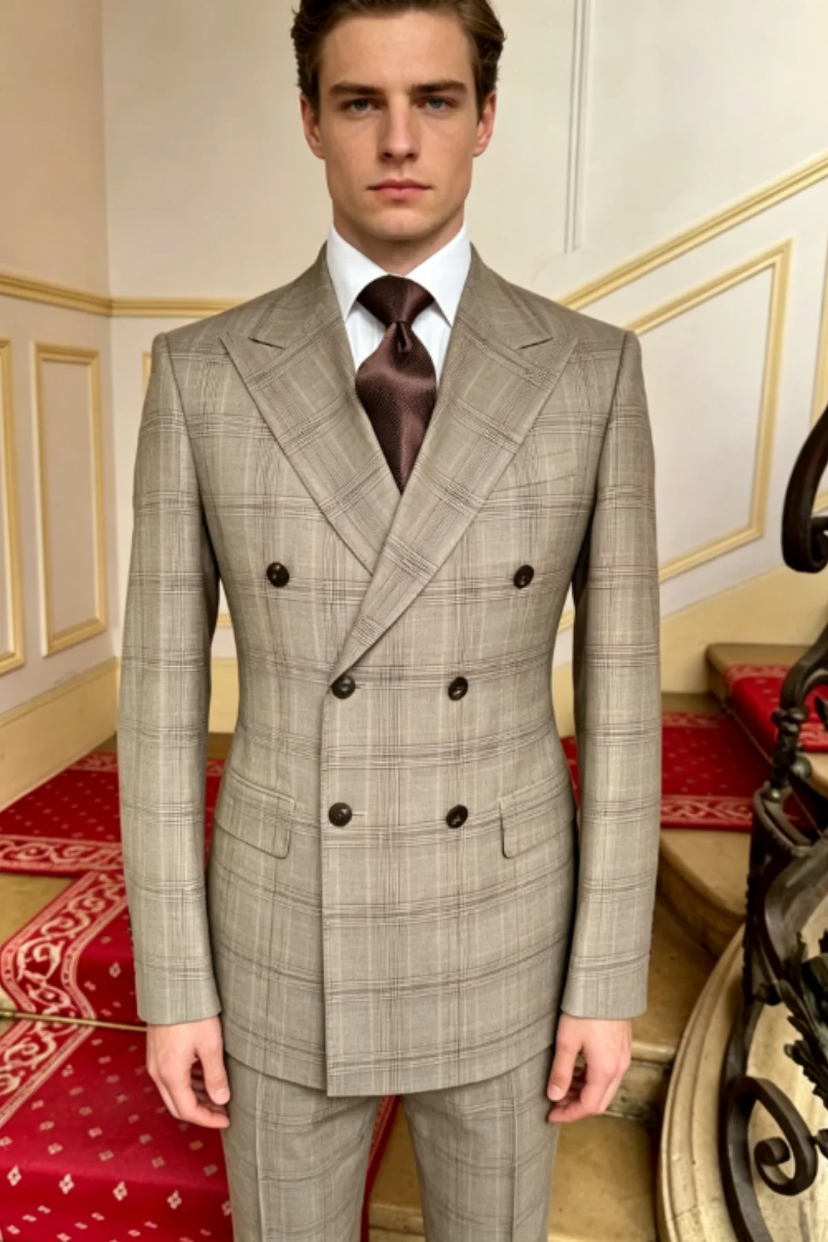 French style Formal Plaid Men Suits Customized Slim Fit Peak Lapel Groom Wedding Tuxedos 3Pcs Sets Male Prom Blazers Ropa Hombre