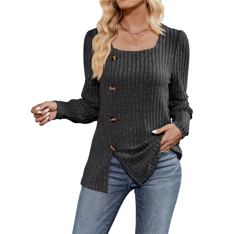 

Женские осенние топы, мягкий свитер с квадратным вырезом и длинными рукавами-фонариками, пуговицами и боковым разрезом, рубашка-туника