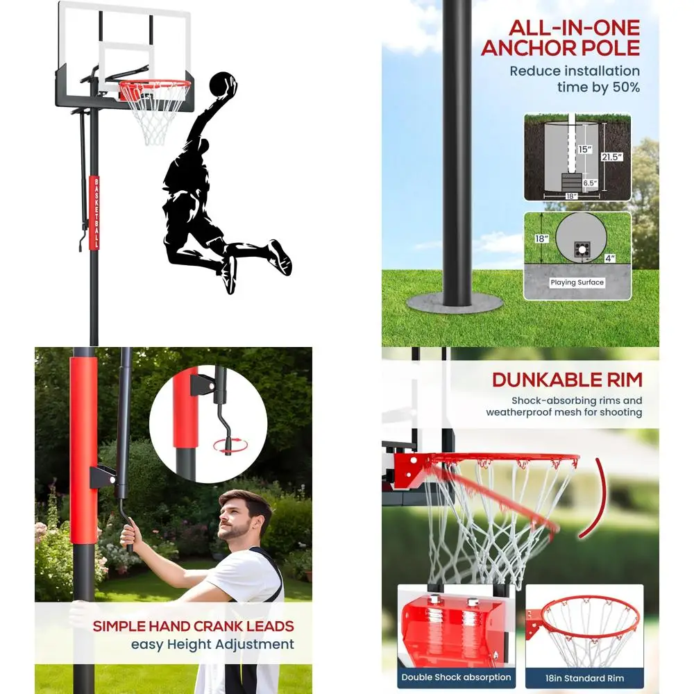 

Adjustable Outdoor In-Ground Basketball Hoop System, 7.5 to 10ft Height, Crank Mechanism, Suitable for All Ages, 45-54 Inch Temp