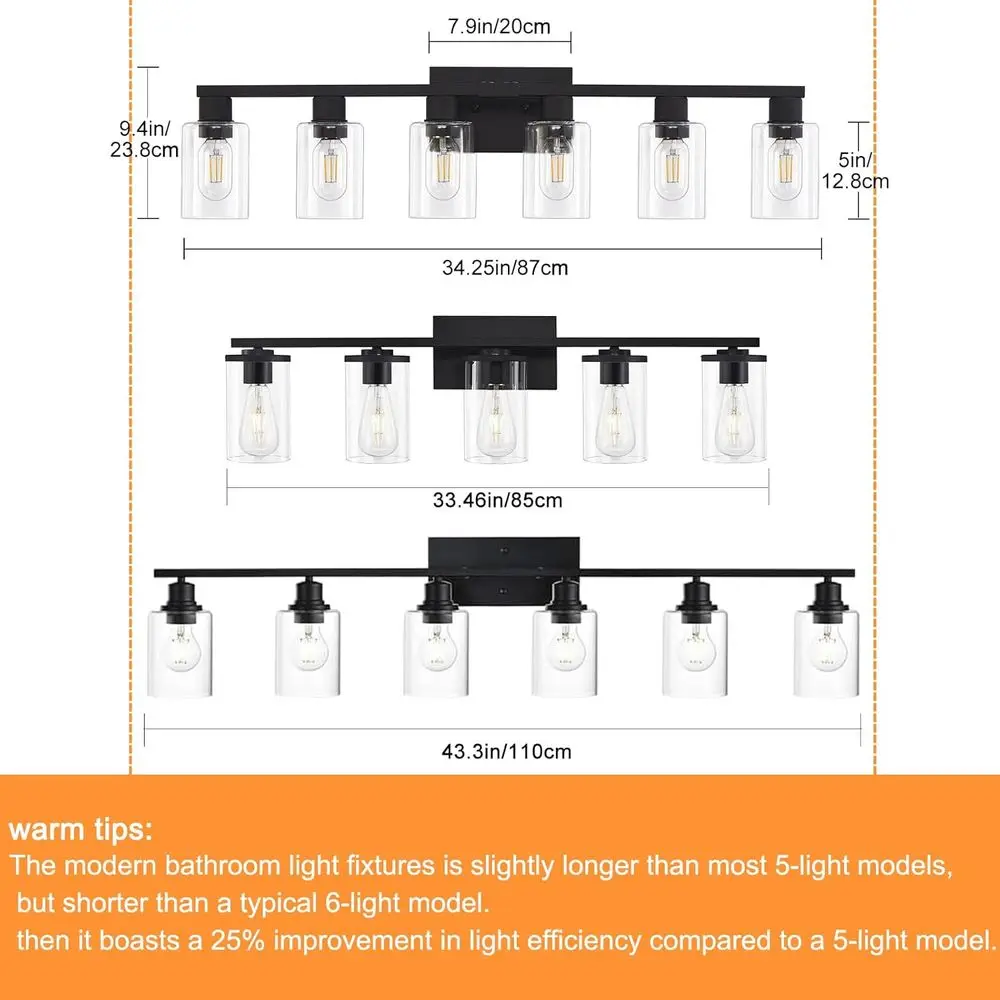 6-Light Clear Glass Shade Vanity Light Fixture باللون الأسود غير اللامع لمرايا الحمام الكبيرة والشمعدانات الجدارية