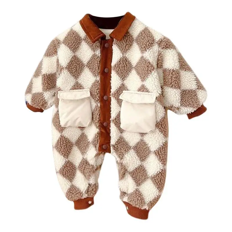 Baby Jumpsuit Fleece Baby Bunting Suit Checked With Double-breasted Design Infant Jumpsuit Elastic Belt Trouser Legs Bodysuits