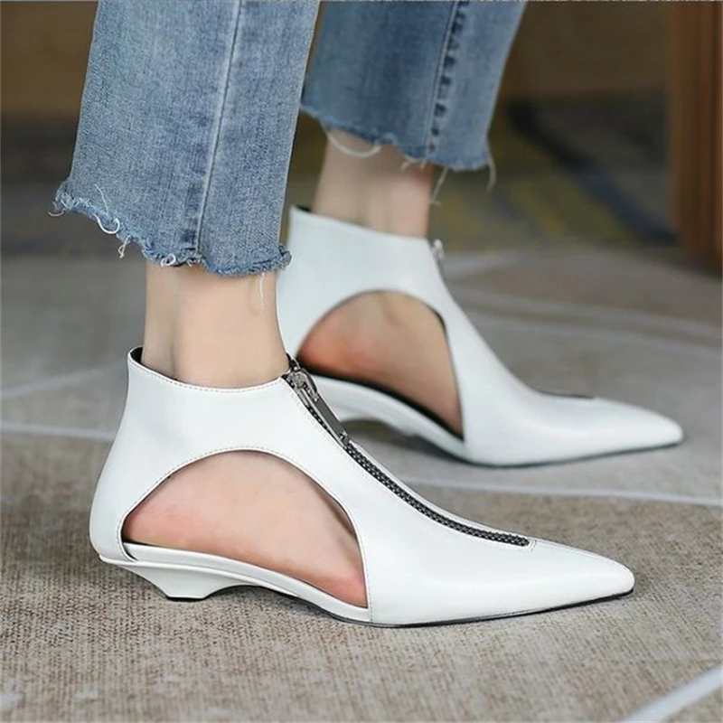 Genuine Leather Zipper Hollow Women Ankle Boots Sexy Pointed Toe Cool Ladies Shoes Summer Solid Color Boots Botines Para Mujeres