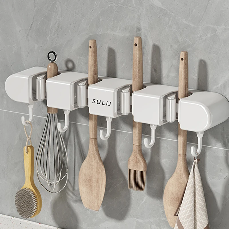 Mop Storage Rack Plastic Wall Mounted Broom Organizer Multi-Functional Broomstick Shelf Brooms Hang Hooks Bathroom Accessories