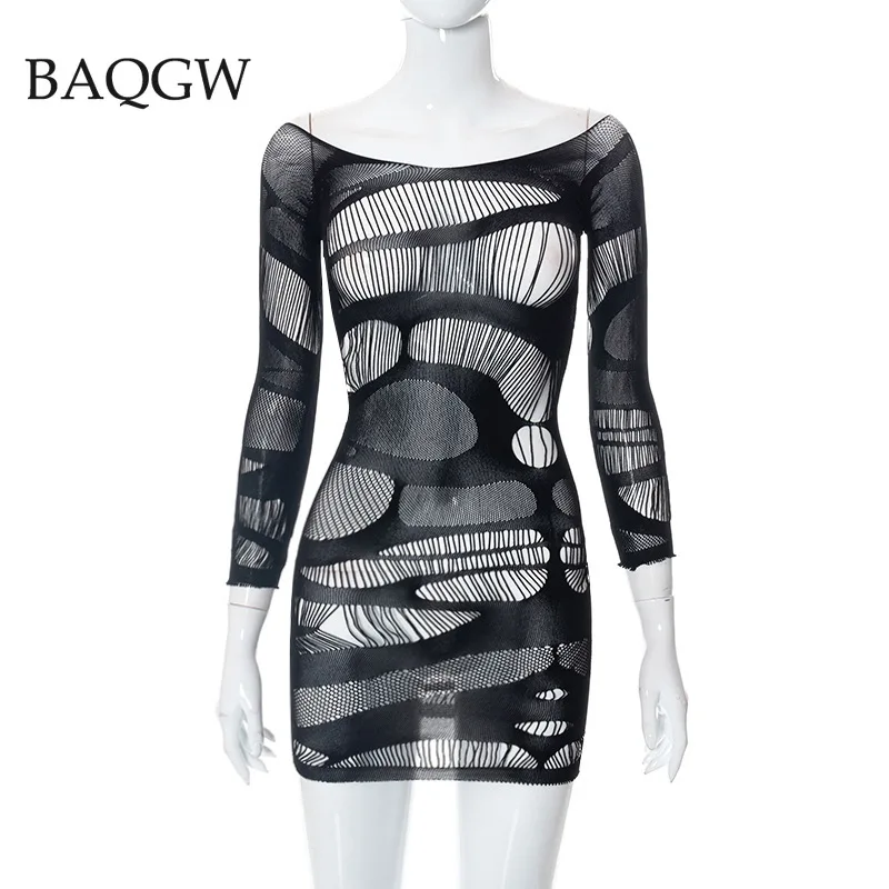 Sexy Club Party Dresses for Women Fishnet Transparent Lingere BadyDolls Chemise Three Quarter Sleeve Hollow Cut Out Mini Dress