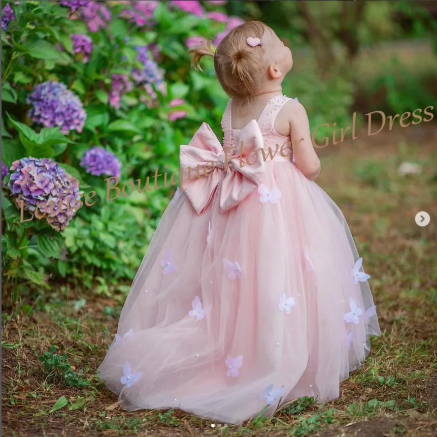 

Customized Flower Girl Dress Pink A-Line Appliques Floor Length Sleeveless Dress Baby Cute First Communion Birthday Party Gowns