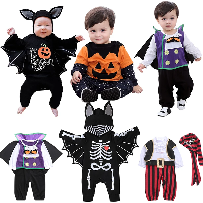 New Halloween Baby Kids Costumes Set  Boys Girls Romper Cosplay Vampire Pirate Pumpkin Newborn Jumpsuit Infant Black Bat Clothes