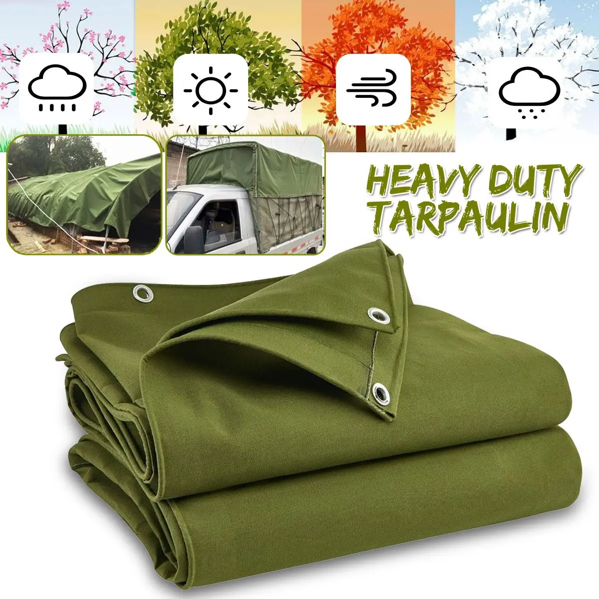 Army Green Canvas Tarp Cover With Eyes Anti Scratch Wear Resistant Sunscreen Sailcloth Heavy Shelter Outdoor Waterproof