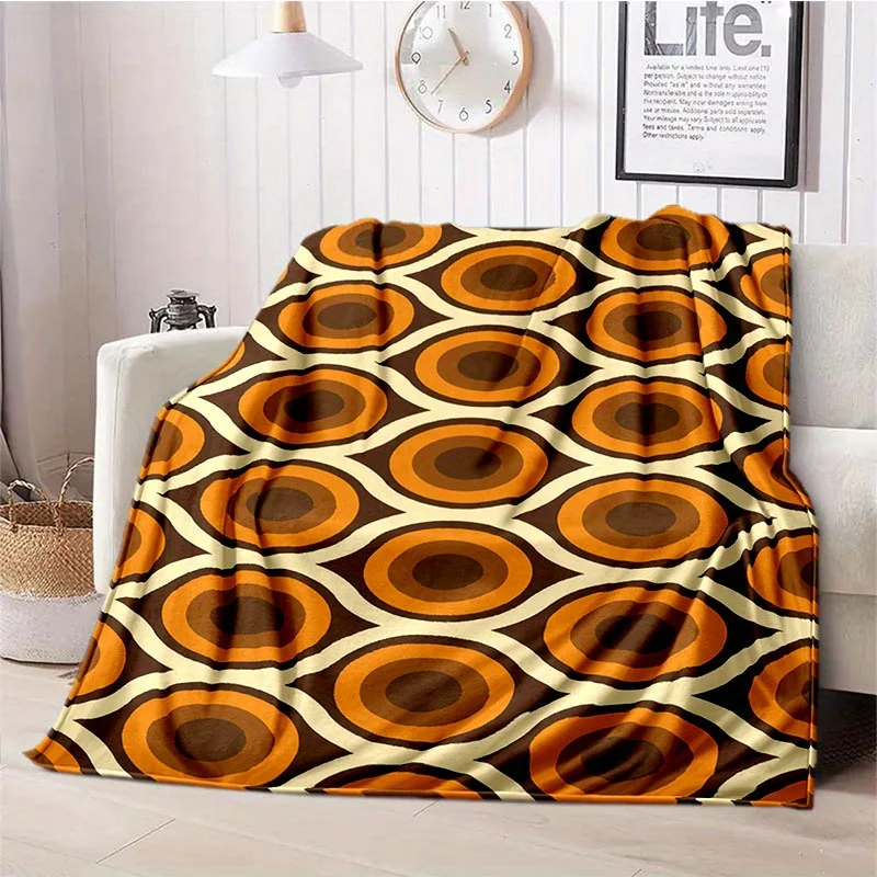 70s Vintage Circle Geometric Print Blanket, Cozy Light Flannel Throw For Couch Office Camping, Cream Base Daily Home Blanket