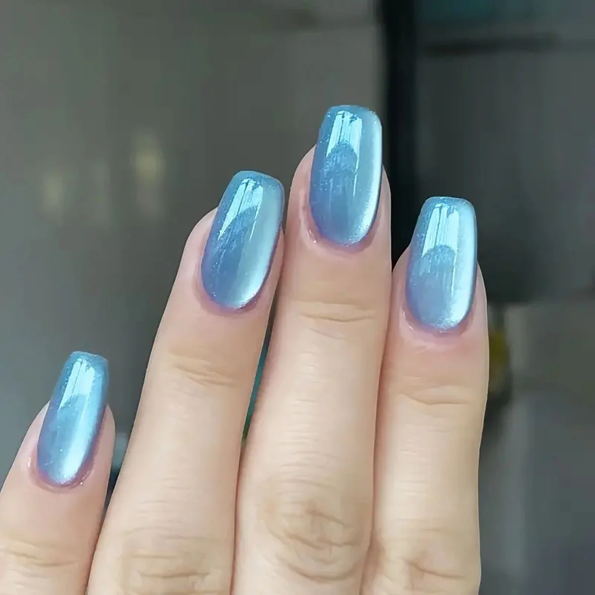 24 Stück Mintblau, glänzend, Katzenauge, künstliche Nägel, Satin, hellrosa/blau, kurz, quadratisch, Katzenauge, zum Aufdrücken der Nägel, vollständige Abdeckung, Fasle Nails