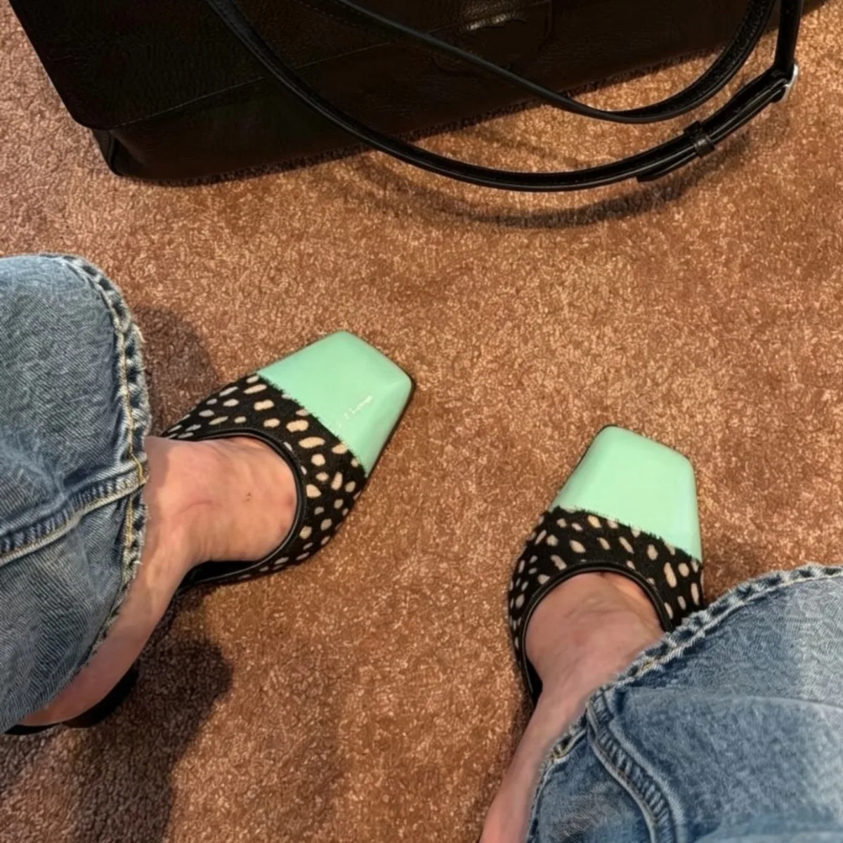 Chic Style Horsehair Square Toe Mules Women Block Heel Closed Toe Slide Sandals French Leopard Print High Heel Footwear