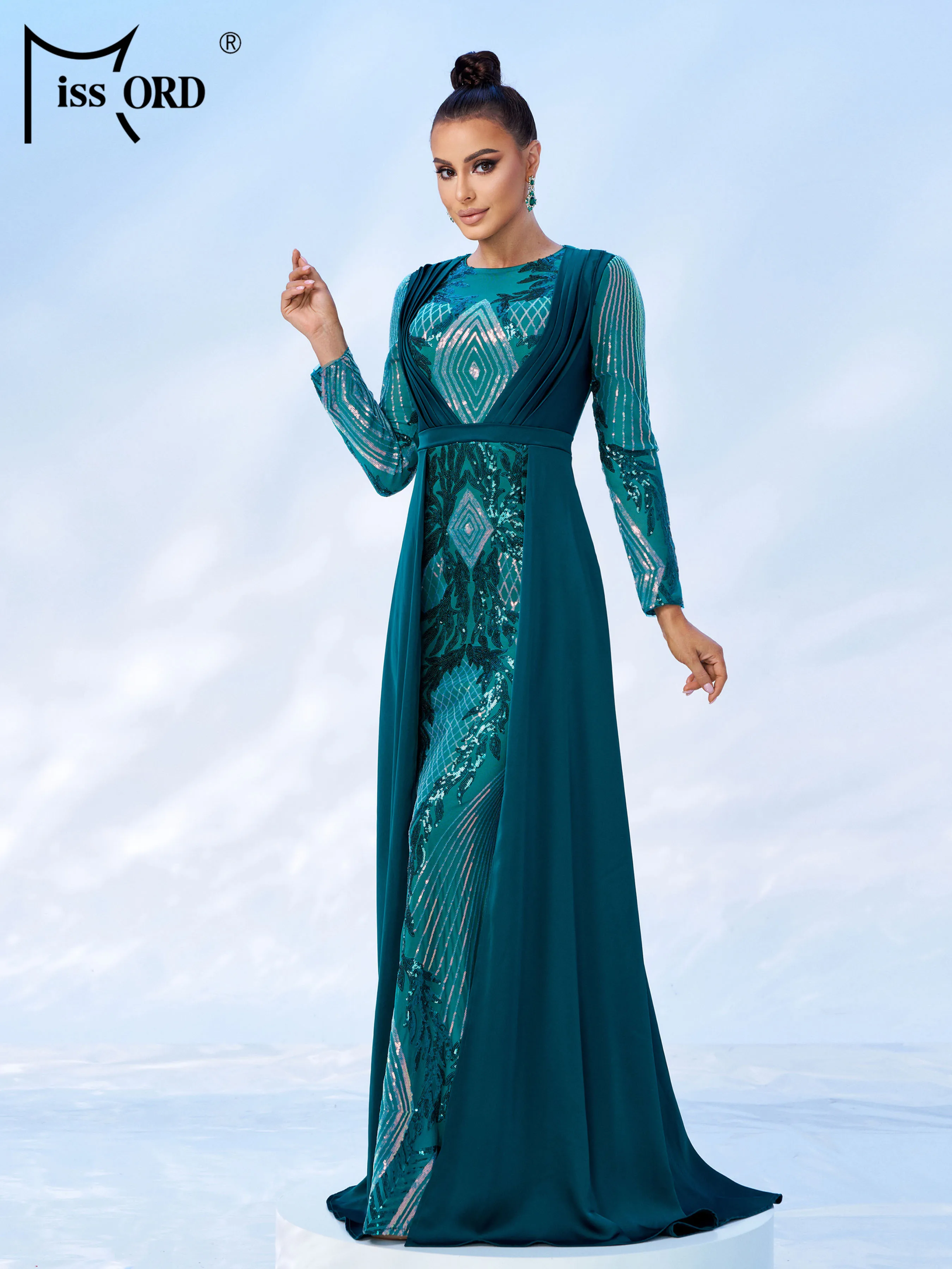 Missord Green Round Neck Long Sleeved Geometry Sequin Mermaid Evening Gown Panel Formal Occasion Wedding Birthday Party Dress