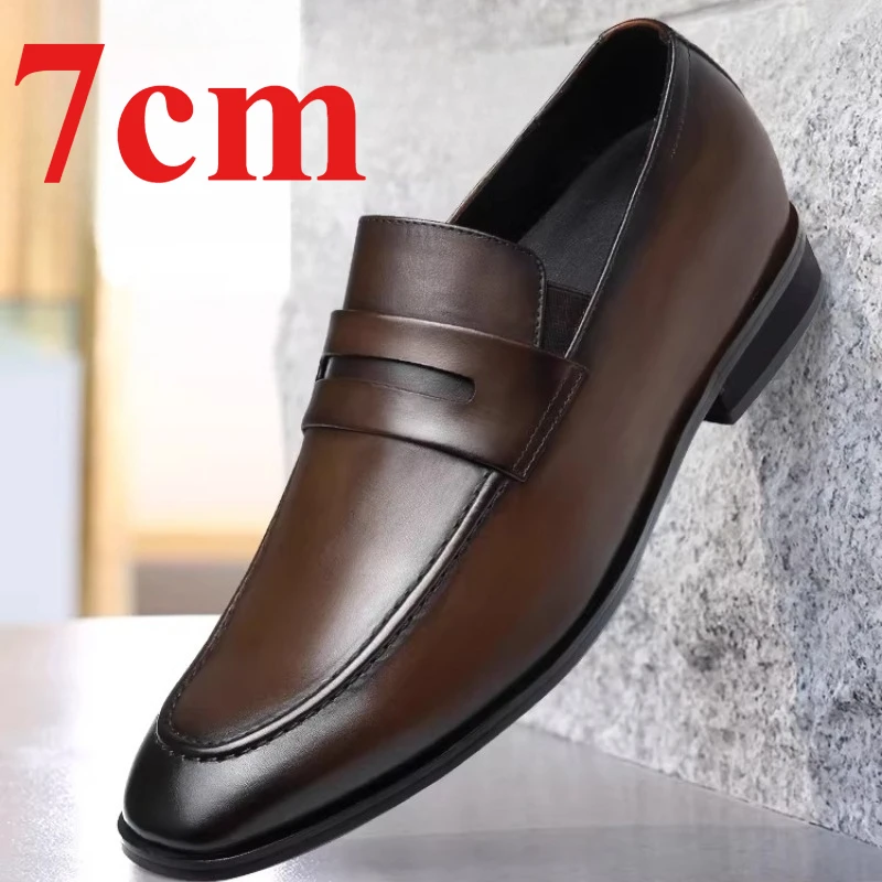 

Genuine Leather Loafers Shoes for Men's 7cm Elevator Breathable Invisible Inner Height Increasing Shoes Groom Wedding Dress Shoe