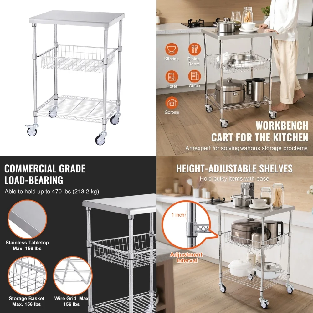 

3 Tier Utility Cart with Wheels Rolling Caster Cart 24x20x36 6 Hook Heavy Duty 470 LBS Capacity Multi Purpose Storage Organizer