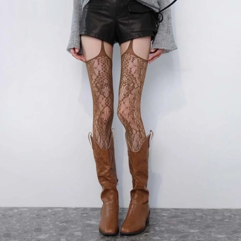 

Прозрачные сетчатые длинные колготки с цветком, ультратонкие сетчатые колготки в стиле Лолиты JK, нерегулярные полые кружевные чулки на подтяжках, женские чулки