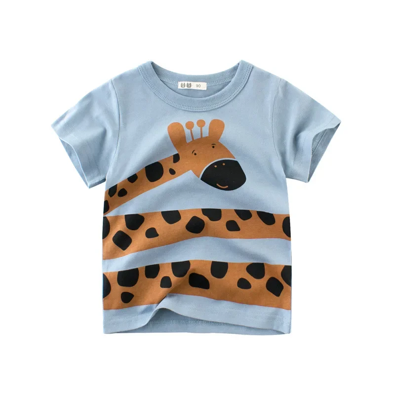 

2024 Summer Cartoon Print Boys Girls T Shirt Giraffe Lion Monkey Short Sleeve Boy T-Shirts Kids Clothes Toddler Cotton Tops 10Y