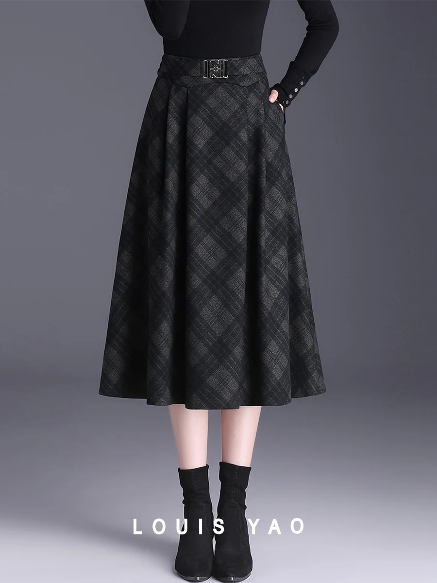 

LOUIS YAO 2024 Winter Elegant Plaid Large Skirt Umbrella Skirt Fashionable High Waisted Long Women's Half Skirt