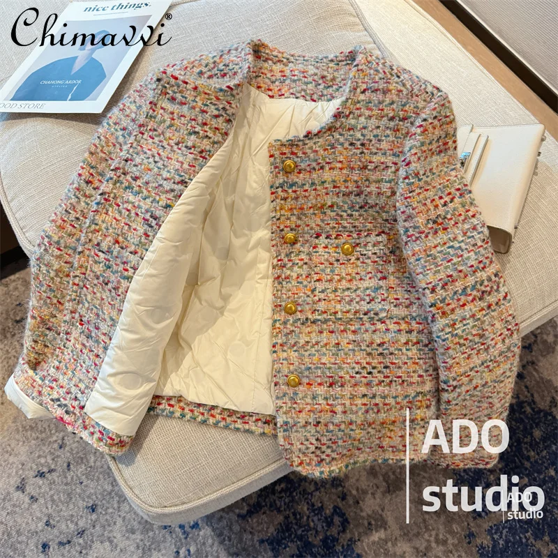 

High-End Fashion Down Liner Woolen Coat Women Winter Heavy Thick Warm Long Sleeve Elegant Colorful Striped Tweed Woven Jacket