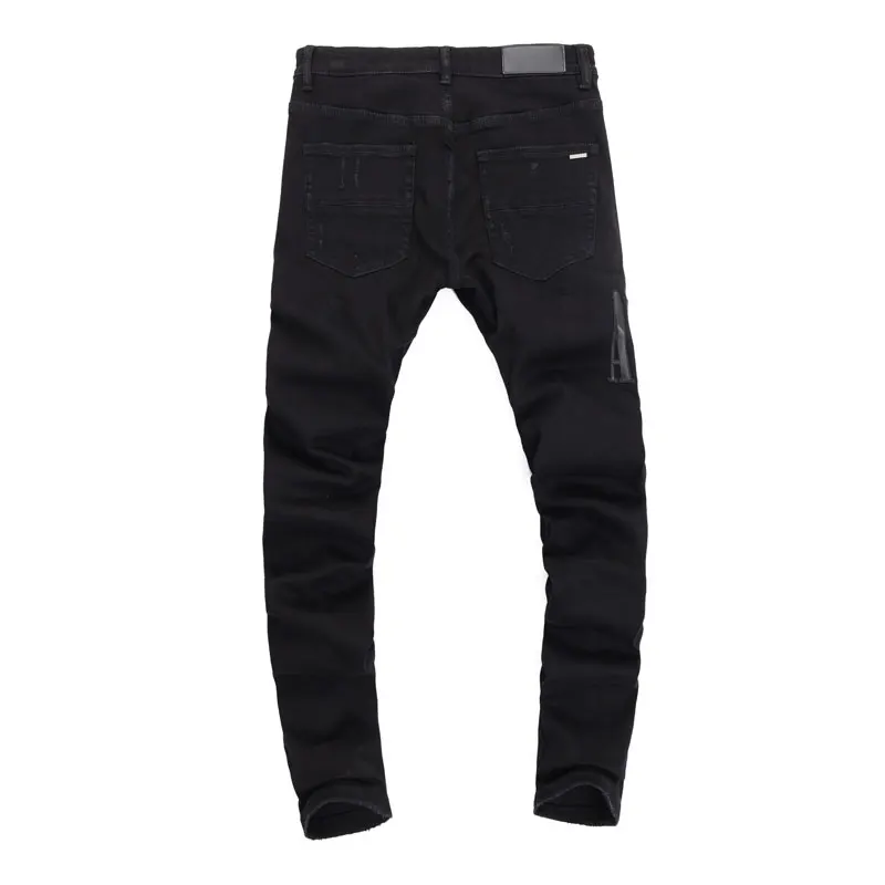 Street Fashion Men Jeans Black Stretch Skinny Fit Ripped Jeans Men Punk Trousers Leather Patched Designer Hip Hop Brand Pants