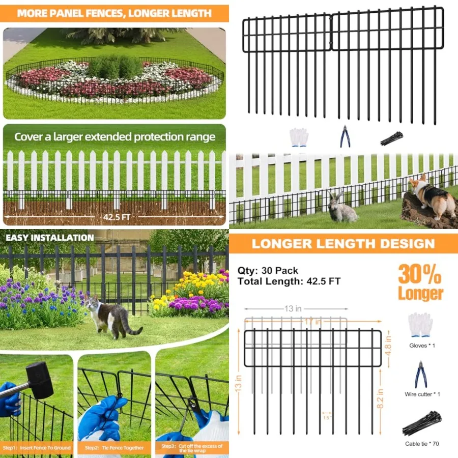 

Garden Fence Animal Barrier, 30 Panels No Dig Fence 42.5ft L x13in(H), Rustproof Metal Defense Border, Dogs Rabbits Blocker Fen
