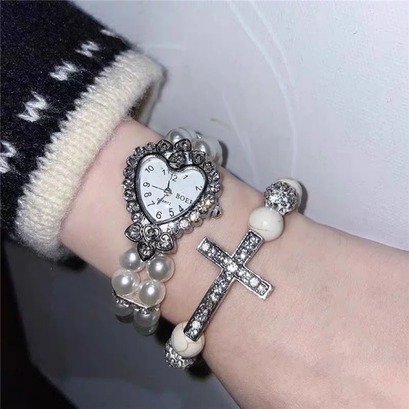 2023 New Y2K Pearl Love Watch Cross Beaded Stitching Elastic Bracelet Carnival Party Street Shooting Jewelry for Men and Women