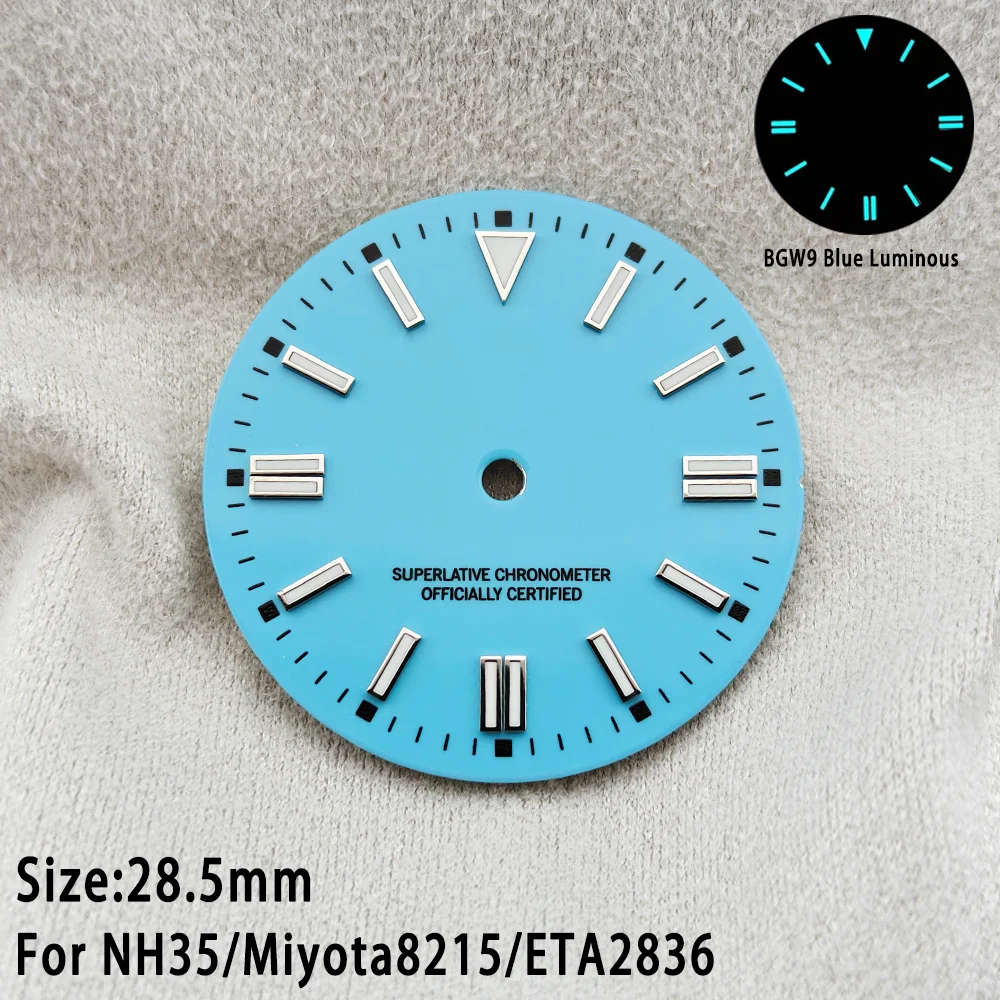 Esfera de reloj de 28,5 mm NH35 BGW9 luminosa en azul Tiffany para NH35 NH36 Miyota 8215 ETA2836, piezas de modificación de relojes, modificación de relojes DIY